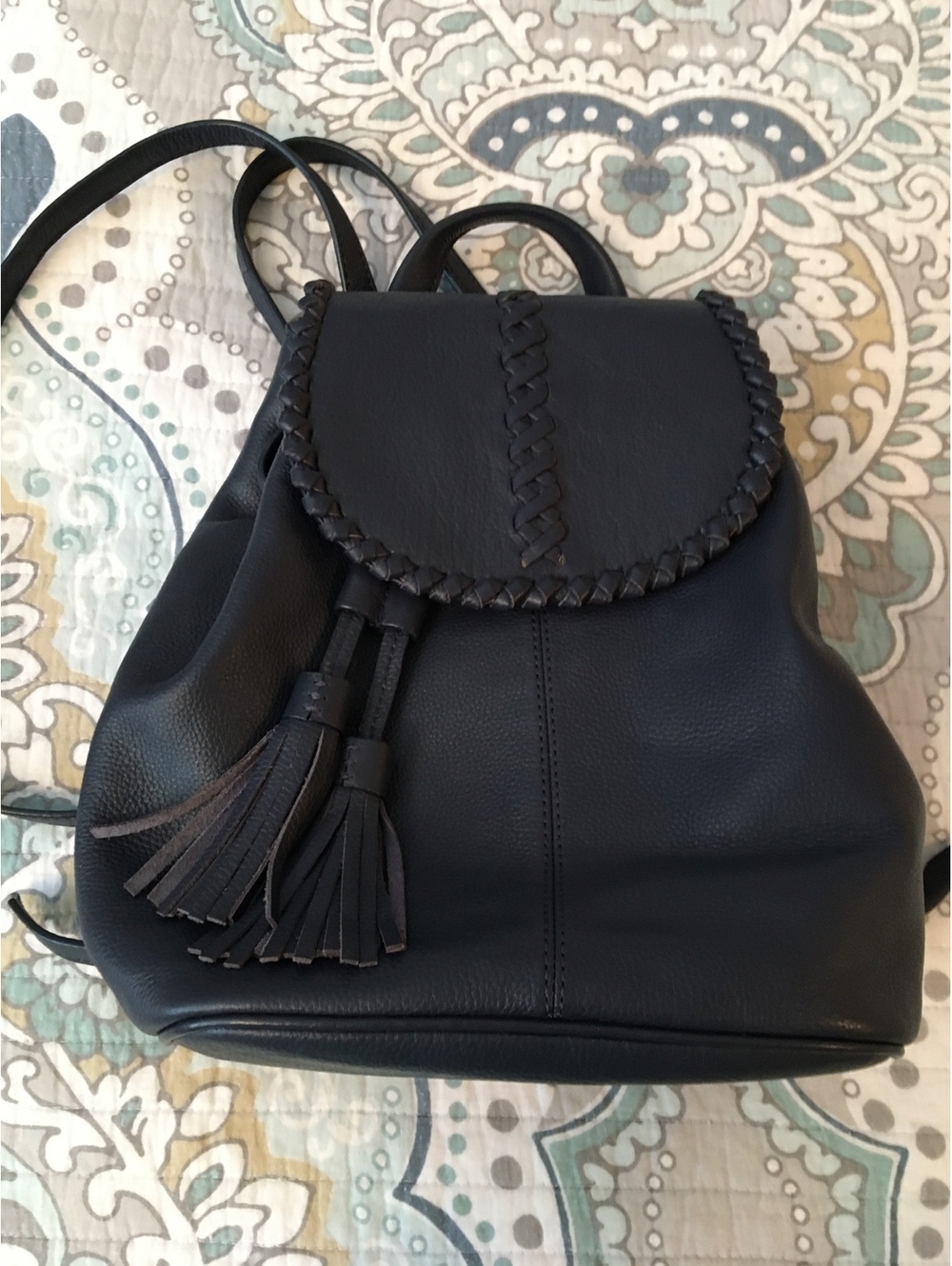 Jack Rogers Navy Leather Backpack with Tassel Detail